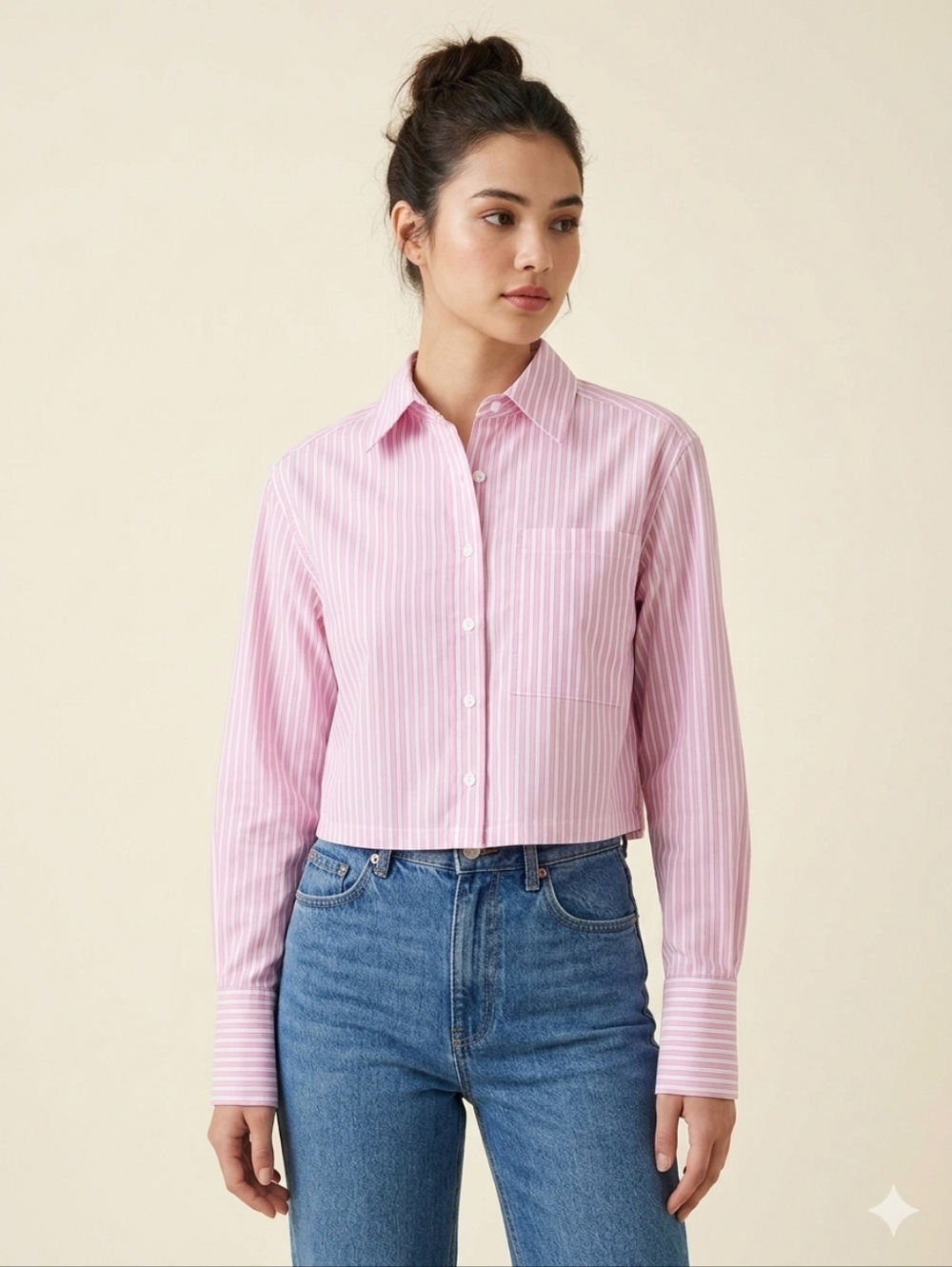 JAPNA Pink & White Stripe Cropped Long Sleeve Button Down Shirt S Street Preppy